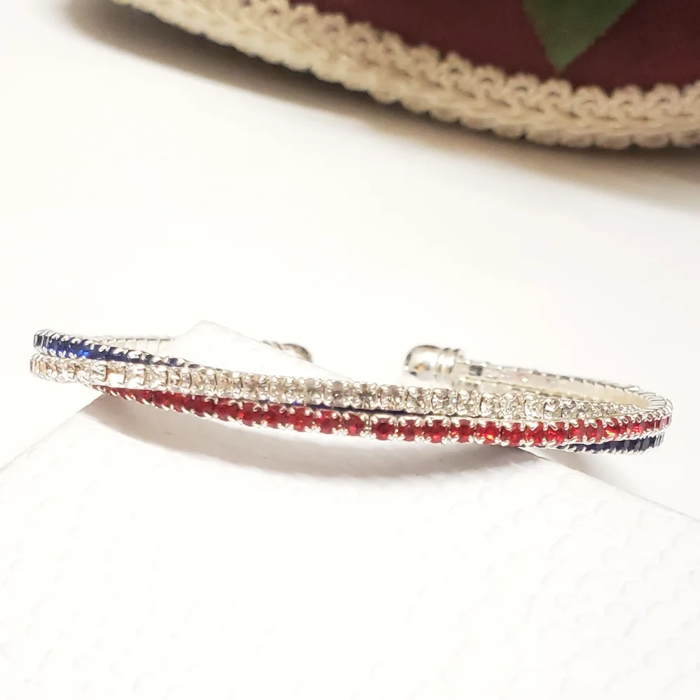 Stunning Red White & Blue Crystal Briad Silver Cuff Bracelet
